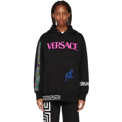 Versace Printed Embroidered Cotton-blend Jersey Hoodie In Black,fuchsia,white