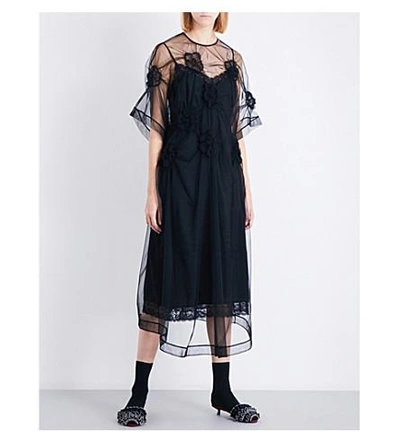 Simone Rocha Flower-smocked Tulle Midi Dress In Black