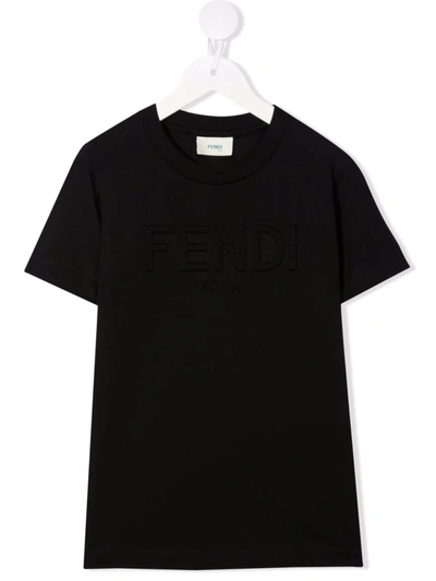 Fendi Kid's Logo Embroidered Cotton T-shirt In Black