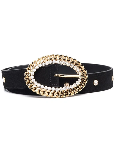 Alessandra Rich Leather Gold Chain And Crystal Buckle Belt In Black
