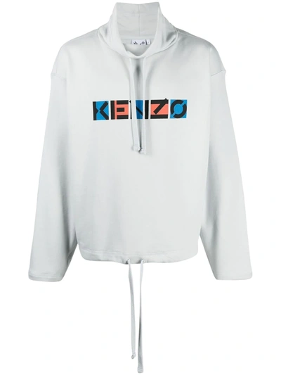 Kenzo Logo-print Drawstring-neck Sweatshirt In Grey,light Blue