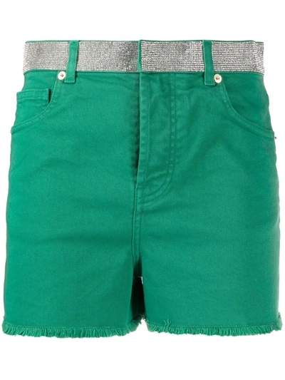 Alexandre Vauthier Crystal Belt Denim Shorts In Emerald Color In Green