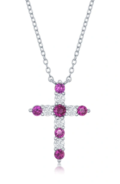 Simona Jewelry Sterling Silver Ruby & White Cz Cross Pendant Necklace