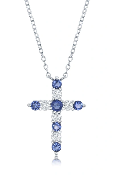 Simona Jewelry Sterling Silver Sapphire & White Cz Cross Pendant Necklace