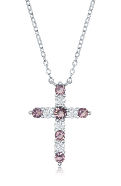 Simona Jewelry Sterling Silver Amethyst Cz Cross Pendant Necklace