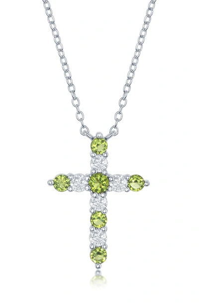 Simona Jewelry Rhodium Plated Sterling Silver Green & White Cz Cross Pendant Necklace