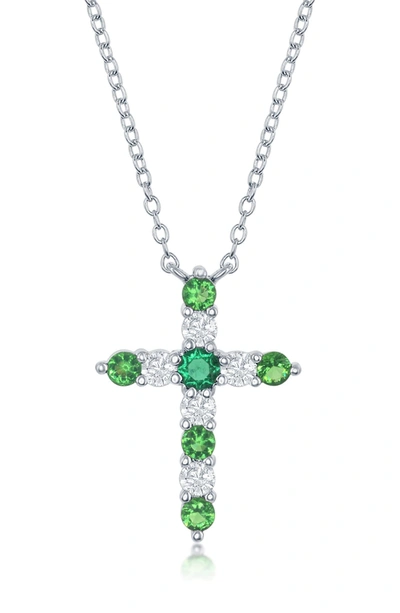 Simona Jewelry Sterling Silver Emerald & White Cz Cross Pendant Necklace