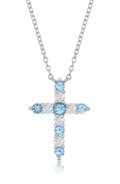 Simona Jewelry Sterling Silver Blue & White Cubic Zirconia Cross Pendant Necklace