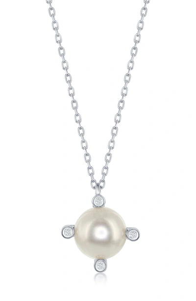 Simona Jewelry Freshwater Pearl & Cubic Zirconia Pendant Necklace In Silver