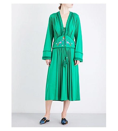 Veronique Branquinho Floral-embroidered Tassel-tie Jersey Maxi Dress In Green