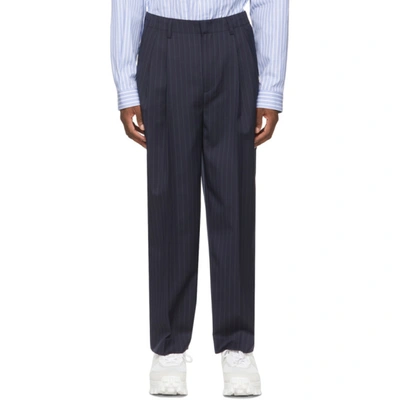 Juunj Navy & White Wool Stripe Wide-fit Trousers In R Navy