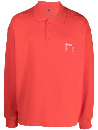 Ader Error Orange Needle Logo Long Sleeve Polo In Red