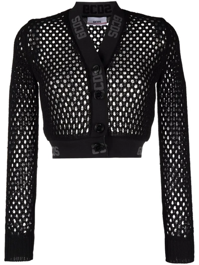 Gcds Cropped Mesh Cardigan In Black