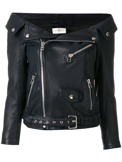 Faith Connexion Off The Shoulder Leather Biker Jacket In 410 Navy ...