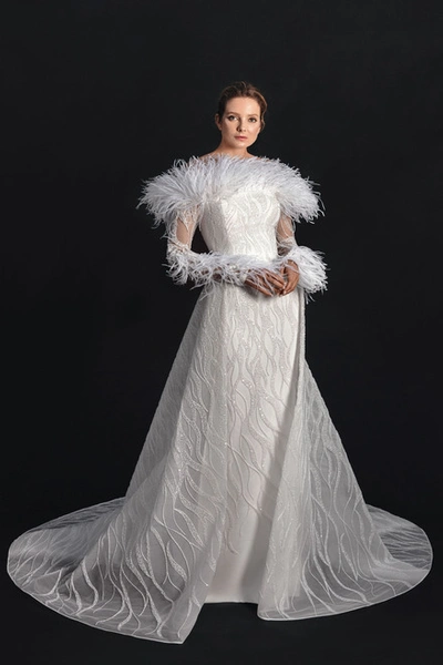 Jean Louis Sabaji Embroidered Long Sleeve Feathered Gown