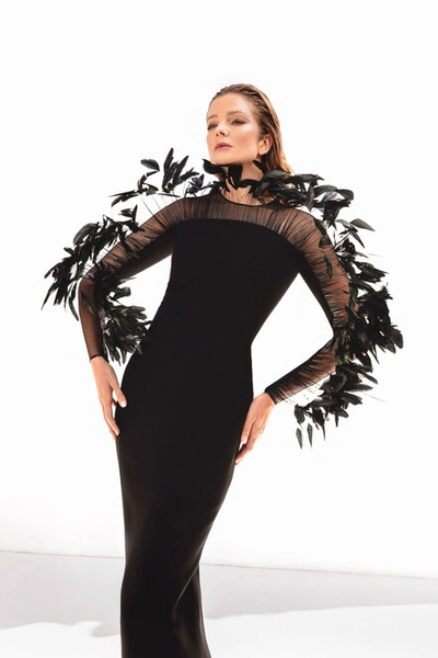 Jean Louis Sabaji Long Sleeve Coq Plume Gown