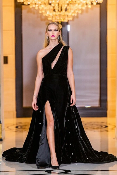 Rvng Couture Crystal Embellished Velvet Gown