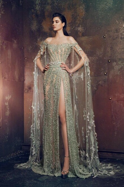 Ziad Nakad Off Shoulder Cape Sleeve Gown In Mint | ModeSens