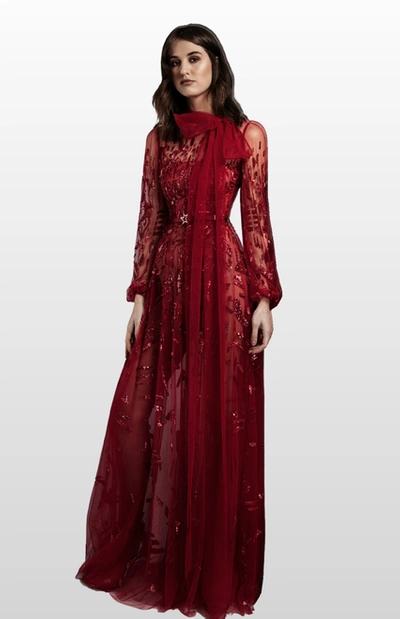 Zuhair Murad Embellished Long Sleeve Gown With Bow In Red