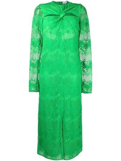 Ganni Floral & Geometric Lace Cutout Midi Dress In Green