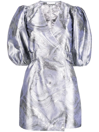 Ganni Metallic Jacquard Wrap Mini Dress In Sharkskin