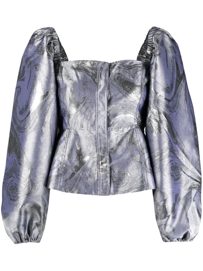 Ganni Shiny Jacquard Blouson-sleeve Blouse In Sharkskin