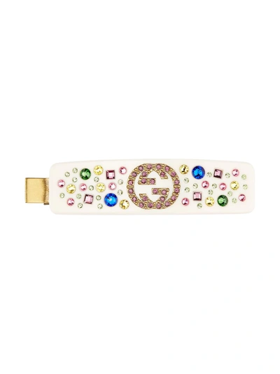 Gucci Interlocking G Crystal-embellished, Gold-tone Brass And Resin Hair Clip In Ivory