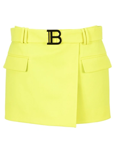 Balmain Short Wool Low Rise Skirt In Yellow