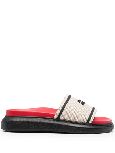 Alexander Mcqueen Logo-appliquéd Rubber-trimmed Cotton-canvas Slides In Ivory