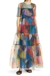 Staud Hyacinth Patchwork Paisley A-line Organza Dress In Black/rainbow