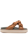 Ganni Knotted Recycled-satin Flatform Slides In Brown