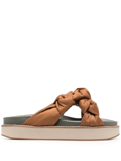 Ganni Knotted Recycled-satin Flatform Slides In Brown