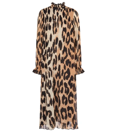 Ganni Pleated Georgette Leopard-print Midi Dress In Neutrals | ModeSens