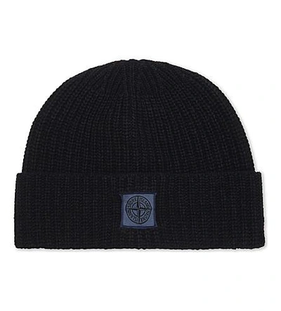 Stone Island Patch Logo Wool-cashmere Blend Beanie In Navy