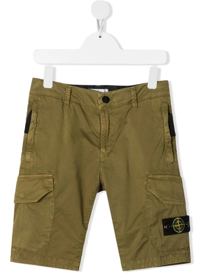 Stone Island Kids' Logo-patch Stretch-cotton Cargo Shorts In Green
