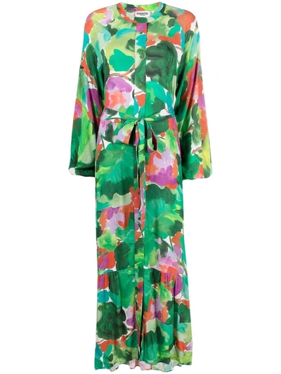 Essentiel Antwerp - Green Watercolour Print Maxi-length Shirt Dress |  ModeSens