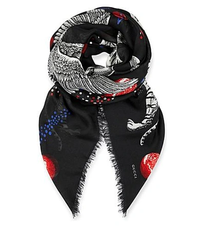 Gucci Space Animals Wool And Silk-blend Scarf In Black