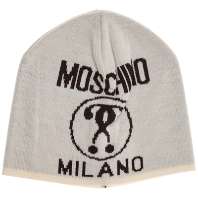 Moschino Men's Beanie Hat  Double Question Mark In White