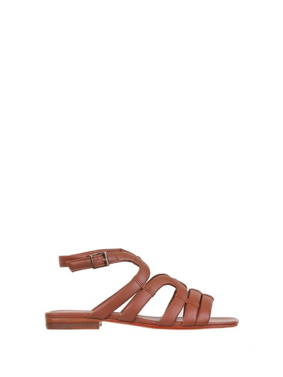 Santoni Tan Leather Flat Sandals In Brown