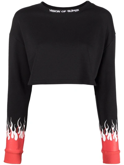 Vision Of Super Woman Red Double Flames Black Cropped Sweatshirt