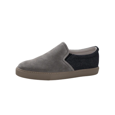 Brunello Cucinelli Suede And Denim Slip On In Gry-dnm