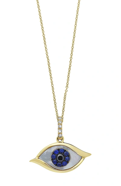 Effy 14k Yellow Gold Pave Diamond & Mother Of Pearl Evil Eye Pendant Necklace In Black