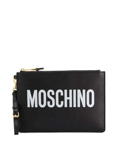 Moschino Black Logo Print Leather Clutch
