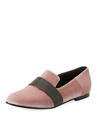 Brunello Cucinelli Velvet Loafer With Monili Keeper Strap In Pink
