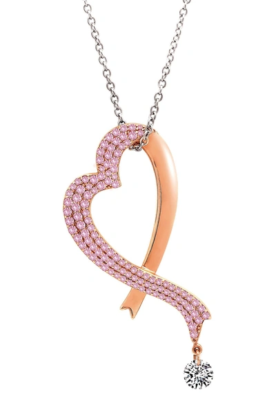 Lafonn Platinum & 18k Rose Gold Plated Sterling Silver Pave Pave Pink Ribbon Heart Pendant Necklace In White-pink