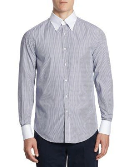 Brunello Cucinelli Contrast Collar Striped Button-down Shirt In Navy With Stripe