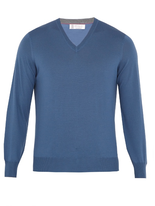 Brunello Cucinelli V-neck Wool And Cashmere-blend Sweater In Blue ...