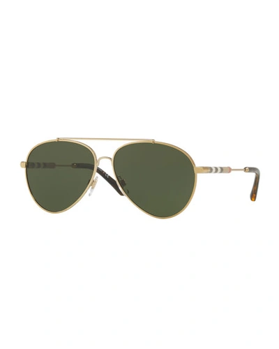 Burberry Aviator Sunglasses With Check Temples In Green