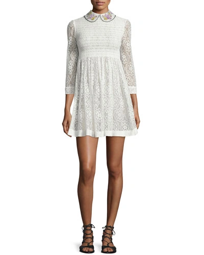 Red Valentino 3/4-sleeve Lace Mini Dress, Ivory