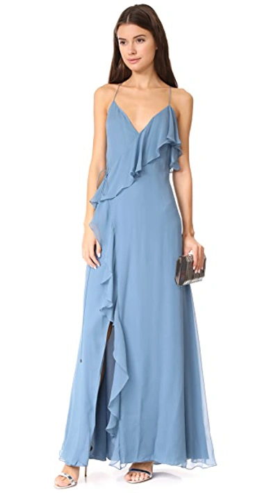 Haute Hippie Metamorphosis Ruffled Silk Crepe De Chine Wrap Gown In Blue